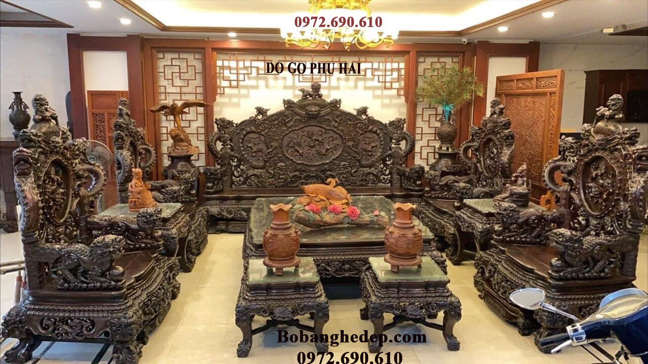 Bộ bàn ghế đồng kỵ chạm rồng